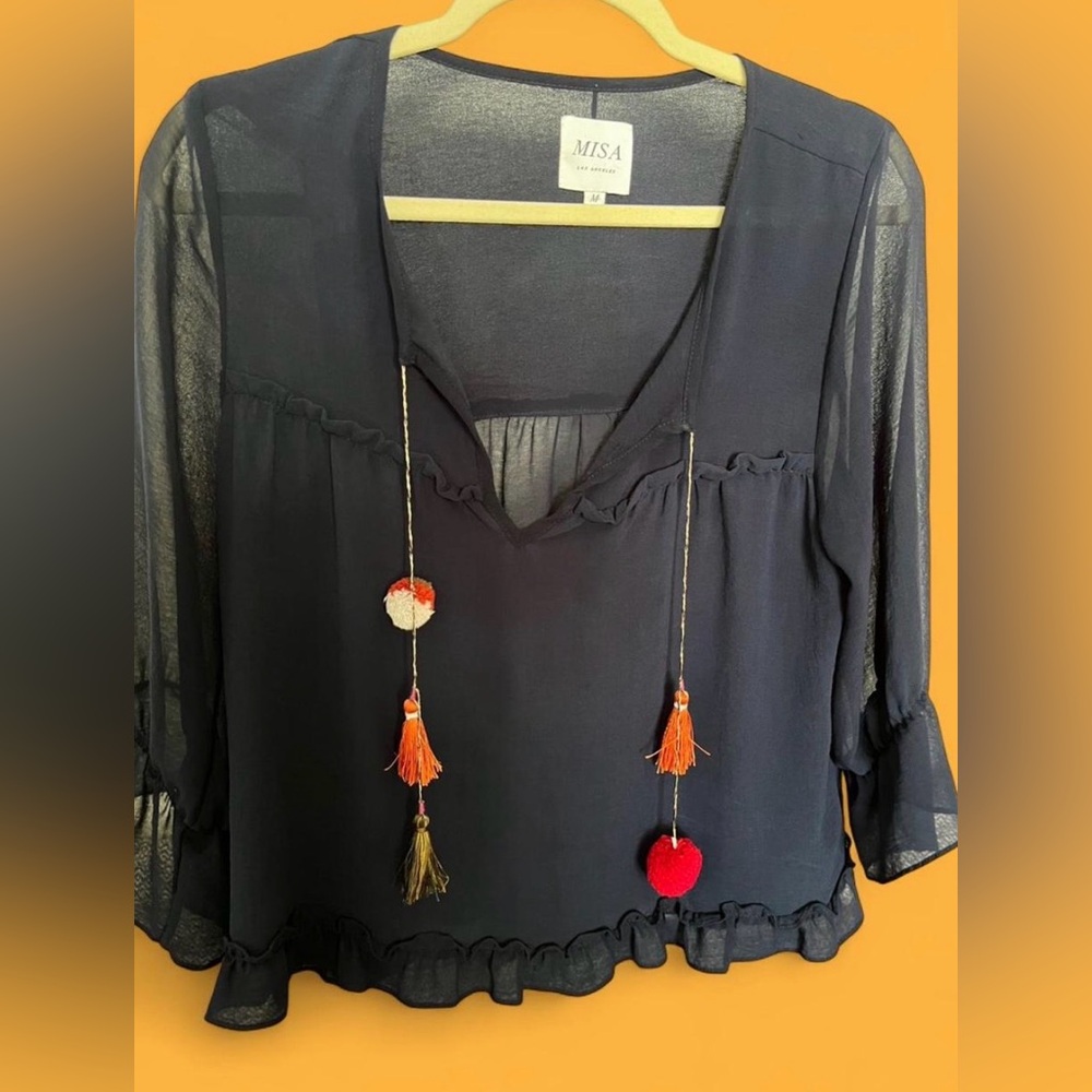 100% Viscose Navy Sheer Blouse with Tassels 3/4 fluttering sleeves